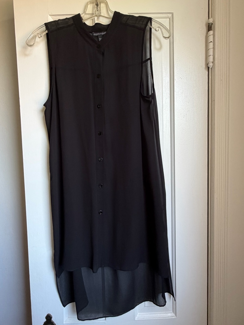 Eileen Fisher Black 💯 Silk Sheer Sleeveless Blouse High-Low  S